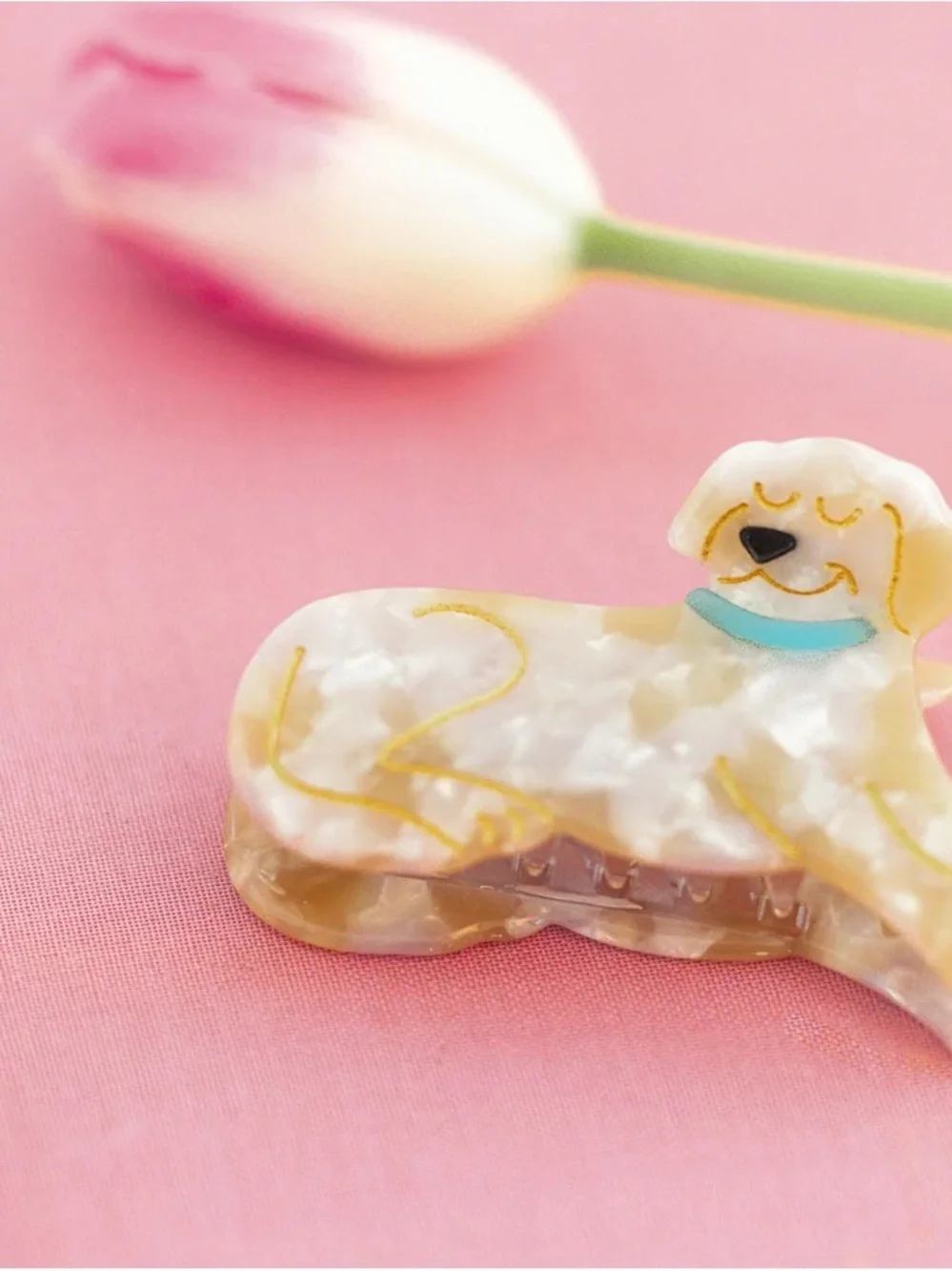Cute Pearl Dog Hair Clip in Cream with Blue Collar - labrador retriever